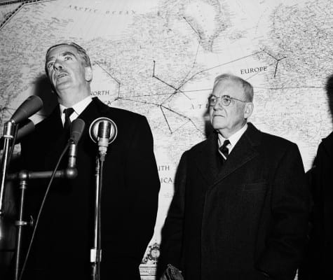 UK's PM Anthony Eden (l) flanked on the right by Eisenhower's State Dept. Secy, the sinister John Foster Dulles, a Wall tweet lawyer. His brother, Allen, ran the CIA. 