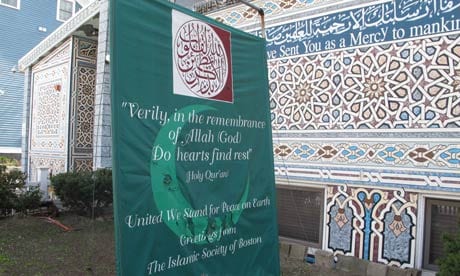 A banner reading 'United We Stand For Peace on Earth' outside the Islamic Society of Boston mosque in Cambridge, Massachusetts. Photograph: Allen Breed/AP 