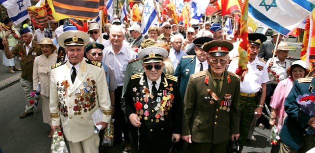 Abroad at Home: Israeli veterans of the Red Army celebrate in 2007 the anniversary of the Allied victory over Nazi Germany in Israel, where Russian Jewish immigrants have transformed the national landscape. (The Jewish Daily Forward) 