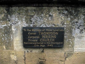 Plaque commemorating three Levellers shot by Cromwell, who represented the bourgeois middle class component of the English Civil War and feared radicals. 