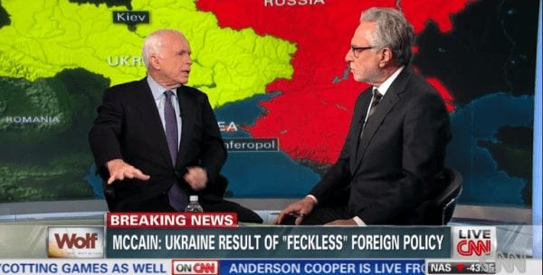 A nonstop barrage of lies and decontextualized pronouncements. All print and television media are involved. Here CNN's Blitzer offers his platform to perennial warmonger nincompoop John McCain. 