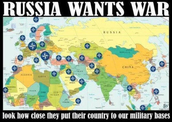 Satirical poster showing the reality of America's cynical encirclement of Russia. 