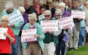 Rightwingers and religious people like these pathetic seniors inhabit a fear universe crammed with lies. The utterly ridiculous idea that religious freedom is in danger in America is one such lie they buy. 
