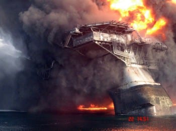 Deepwater oil rig inferno. Cutting a few dollars begets a catastrophe for man, beast and the environment.  (Click to enlarge.)