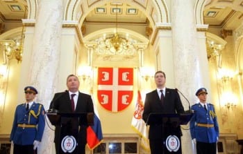 Dmitry Rogozin and Aleksandar Vučić address reporters (Tanjug)