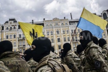 Kiev has mobilized its own fascist militias and mercenaries, many paid by the US and the native oligarchs. Here members of the notorious Azov Battalion.  