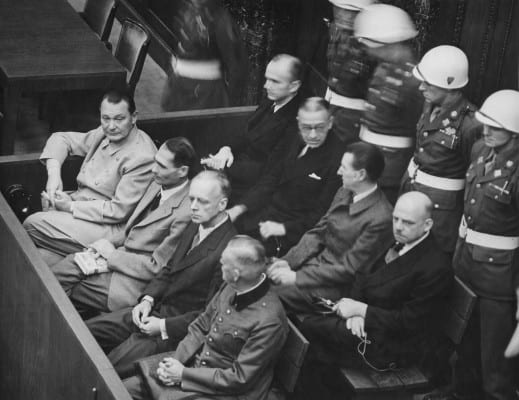 Nuremberg Trials. Defendants in the dock. The main target of the prosecution was Hermann Göring (at the left edge on the first row of benches), considered to be the most important surviving official in the Third Reich after Hitler's death. (US Gov./CC)