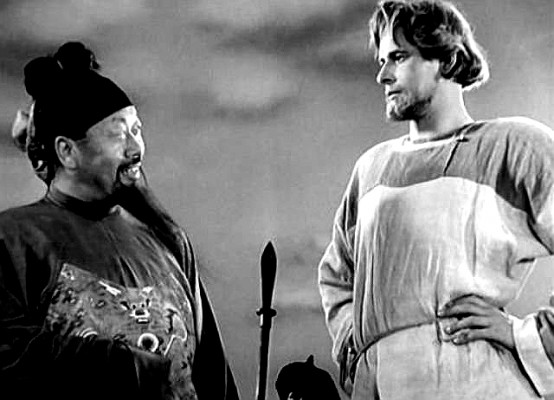 Alexander Nevsky (Nikolai Cherkasov) declines a Mongol ambassador's offer to join the Golden Horde. (Still from the 1938 film of same name directed by Sergei Eisenstein.) Nevsky lived in the 13th century. His main battle, fought on the frozen Neva lake, defeated the invading Teutonic Knights, thereby saving Novgorod, the young Russian nation. 
