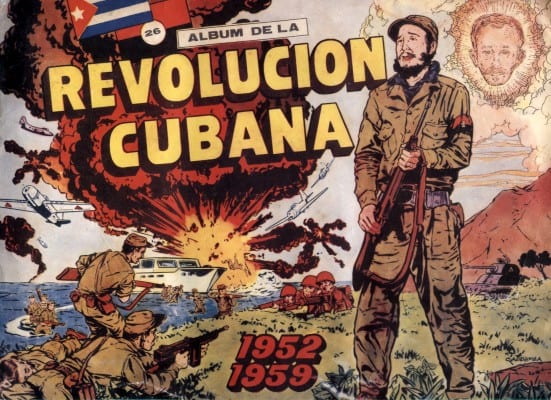 The cover of an album that tells the story of the Cuban Revolution in 268 trading cards that were given away with tinned fruit in the early sixties. Up in the clouds you can see Jose Marti looking down on the unfolding drama. As well as being a Cuban hero, poet and revolutionary, Marti also penned the lyrics to that latino chart topper "Guantanamera"...