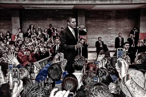 Obama, the new-fangled tribune of the people, Barack Obama greets the overflow crowd in Denver, Colorado Jan. 30, 2008.  (Chris Coleman, via flickr)