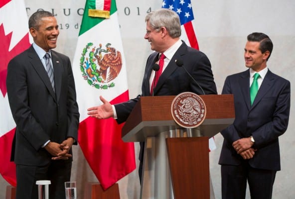 Stephen Harper with fellow corporatists Obama and Mexico's Enrique Peña Nieto, host at the North American Leaders summit.