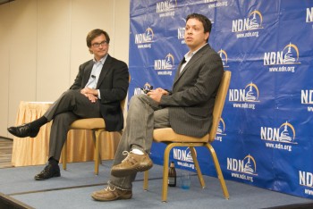 Moulitsas (right) holding forth at a DC liberal tank. (Via flickr)