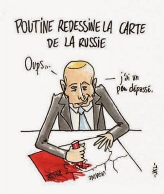Perhaps not accidentally Charlie Hebdo was very anti-Russian. This cartoon accuses Putin of "redrawing the map of Russia" to grab a big chunk of Ukraine. 