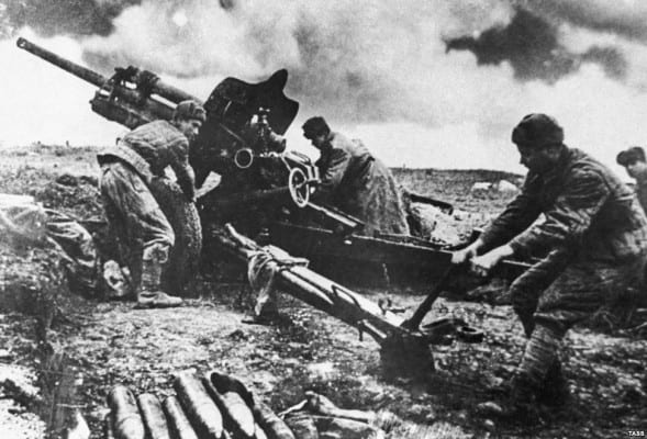 Soviet battery at work. Their precision and obstinacy gained them German respect. 