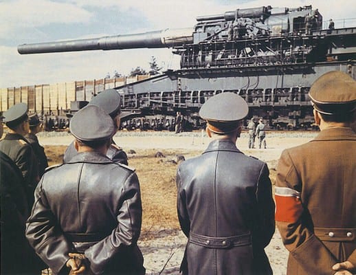 Hitler's monster Dora Railway Gun. Here the Fuhrer inspects his weapon, which was first used on Sevastopol, but with relatively little tactical effect. 
