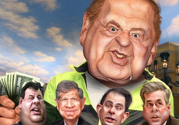 Satire underscoring the fact Adelson buys politicians like candy. 