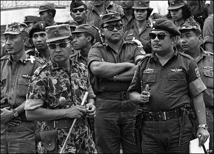 Pentagon henchman Suharto (holding baton) faifthfully carried out the bloodbath as designed by his handlers at the US embassy. 