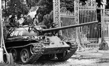 North Vietnamese tank breaks through in Saigon, as the city is liberated by the NVA. An iconic moment. 