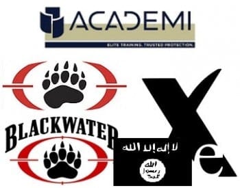 Academi, Blackwater, and Xe are all the same company. The flag is reputedly used by various Islamist groups.