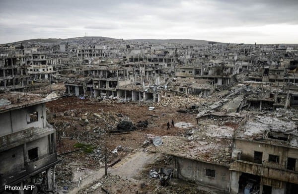 A photo taken on January 30, 2015 shows the eastern part of the destroyed Syrian town of Kobane, also known as Ain al-Arab. This is what the utterly hypocritical and criminal Western meddling in Syria has wrought. 