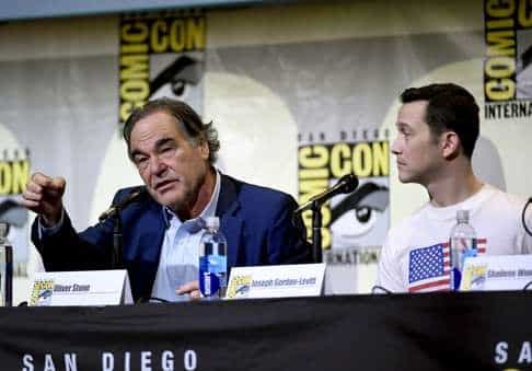 Stone at Comic-con during a press conference. (Fanked by Gordon-Levitt, who plays Snowden).