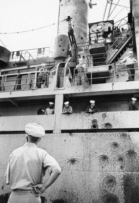 Ship flank showing part of the damage. The attack has never been properly investigated.