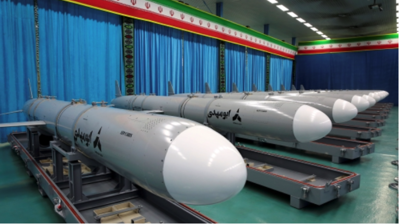Iran’s Abu Mahdi naval cruise missiles are displayed in a ceremony to mark their delivery to the navy and the Revolutionary Guard navy, in Iran, July 25, 2023 (Iranian Defense Ministry photo via AP).
